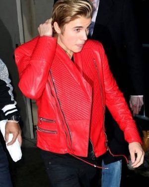 Justin Bieber Red Quilted Biker Leather Jacket