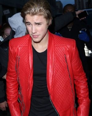 Justin Bieber Red Quilted Biker Leather Jacket