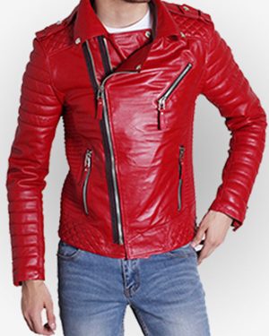 Padded Sleeve Biker Red Leather Jacket
