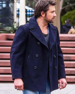 Brandon Sklenar Blue Wool Coat