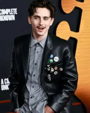 A Complete Unknown Timothée Chalamet Black Leather Blazer