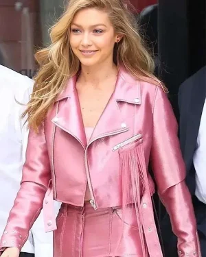 Gigi Hadid Street Style Pink Biker Jacket