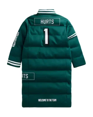 NFL 2025 Philadelphia Eagles Player Jalen Hurts 1 Green Puffer Long Coat