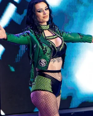 AEW Saraya Damaged Studded Green Leather Jacket
