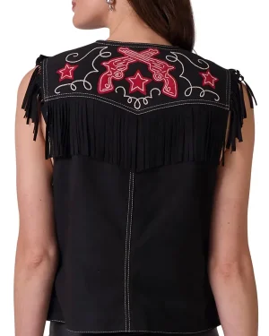 Rodeo Cowgirl West Texas Draw Black Embroidered Patch Suede Leather Vest