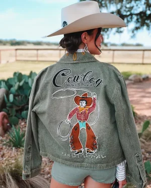 Rodeo Western Play Nice Be Free Cara Smith Root'n Toot'n Green Denim Jacket