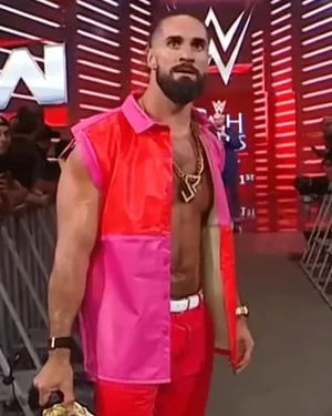 Seth Rollins World Heavyweight Champion Pink and Red Faux Leather Vest