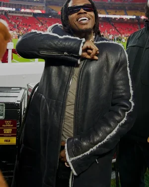 2025 Kansas City Chiefs Game Gunna Black Shearling Leather Coat