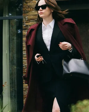 Bugonia 2025 Michelle Maroon Wool Trench Coat