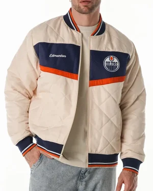 Edmonton Oilers Cream Quilted Bomber Jacket