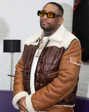 Jermaine Coleman Let’s Rap About It Podcast Brown Puffer Shearling Leather Jacket