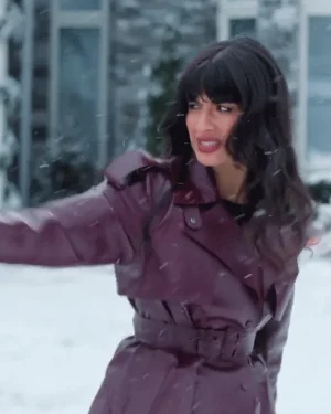 Jameela Jamil Movie A Merry Little Ex-Mas 2025 Tess Burgundy Leather Trench Coat