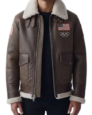 Olympics 2026 Team USA Brown Leather Pilot Jacket