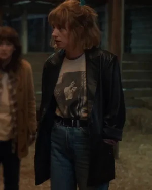 Robin Buckley TV Series Stranger Things S05 Maya Hawke Oversized Black Leather Jacket