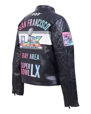 NFL Super Bowl 60 Black Cropped Moto Leather Jacket