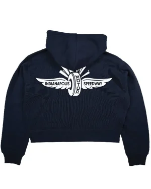 Indianapolis Motor Speedway 2026 Wing Wheel Flag Ladies Blue Cropped Hooded Jacket