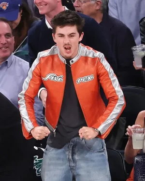 2026 Knicks VS Sixers Timothée Chalamet Orange & Grey Leather Jacket