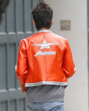 2026 NYC Knicks VS Sixers Timothée Chalamet Orange & Grey Leather Jacket