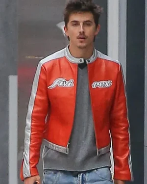 NYC Knicks VS Sixers Timothée Chalamet Orange & Grey Leather Jacket