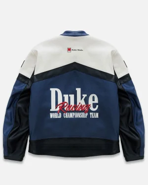 Duke Racing World Championship Team Unsiex Blue and White Motorsport Leather Jacket