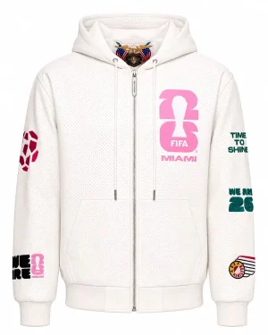 2026 FIFA World Cup Miami Florida Unisex White Leather Bomber Hooded Jacket