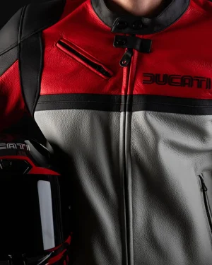 Ducati Motorcycles 100th Anniversary Desmo250 MX Red and Grey Biker Leather Jacket