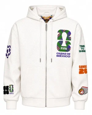 FIFA 2026 World Cup Mexico City Unisex White Leather Hooded Jacket