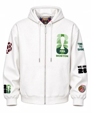 FIFA World Cup 2026 Boston Unsiex White Bomber Hooded Leather Jacket