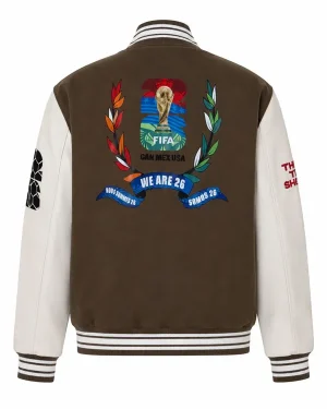 FIFA World Cup 2026 Canada, Mexico, and United States We Are 26 Brown Wool & Leather Varsity Jacket